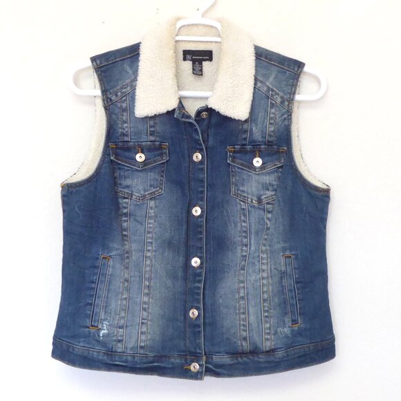 INC International Concepts Jackets & Blazers - INC lightly distressed dark blue denim vest with shearling lining size XL